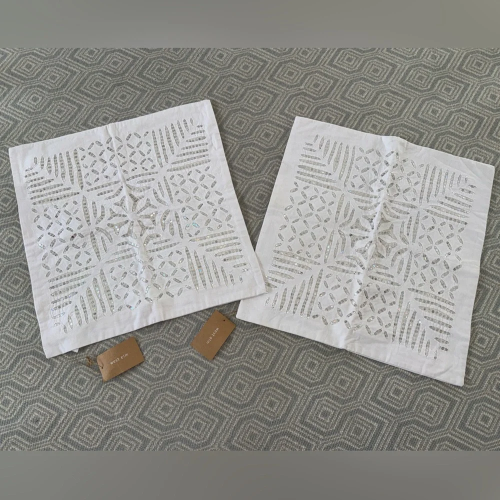 2x West Elm Off White Sequenced 20x20 inch Throw Pillow Cover